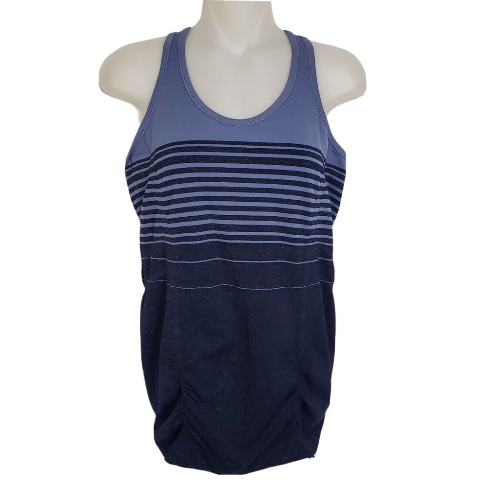 Athleta Womens Tank Top Medium Blue Striped Ruching Grip Hem Racerback 457083